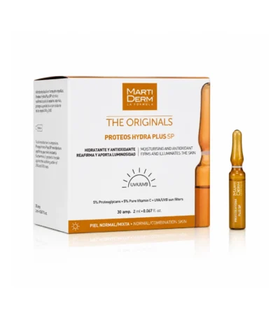 MartiDerm Proteos Hydra Plus SP hydrate, illumine et raffermit la peau avec protéoglycanes, vitamine C et filtres UVA/UVB. Sur LifePara