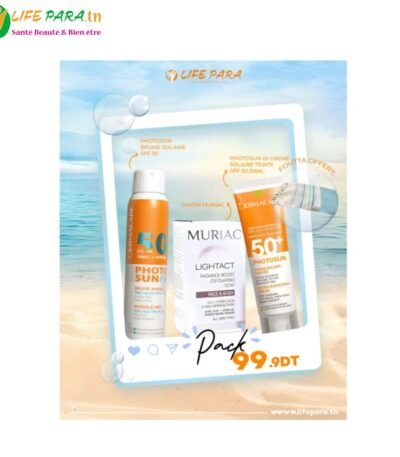 DERMACARE PACK SOLAIRE Brume solaire +Photosun écran au choix +Muriac lighact savon + fouta offerte