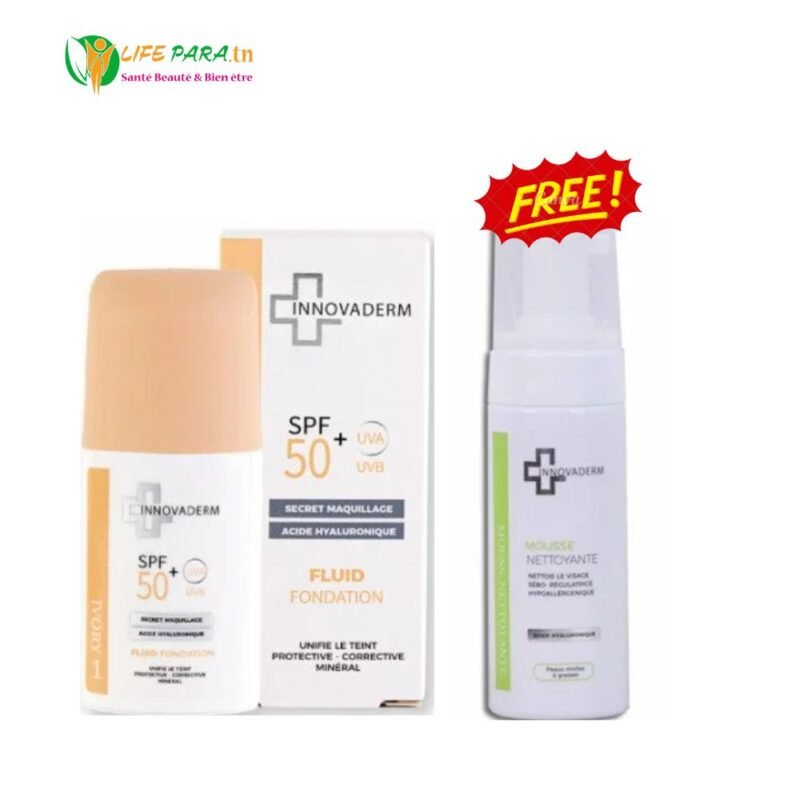 PACK INNOVADERM écran fond de teint solaire spf 50+ 30 ml teinté 01 & mousse nettoyante 150 ml offerte