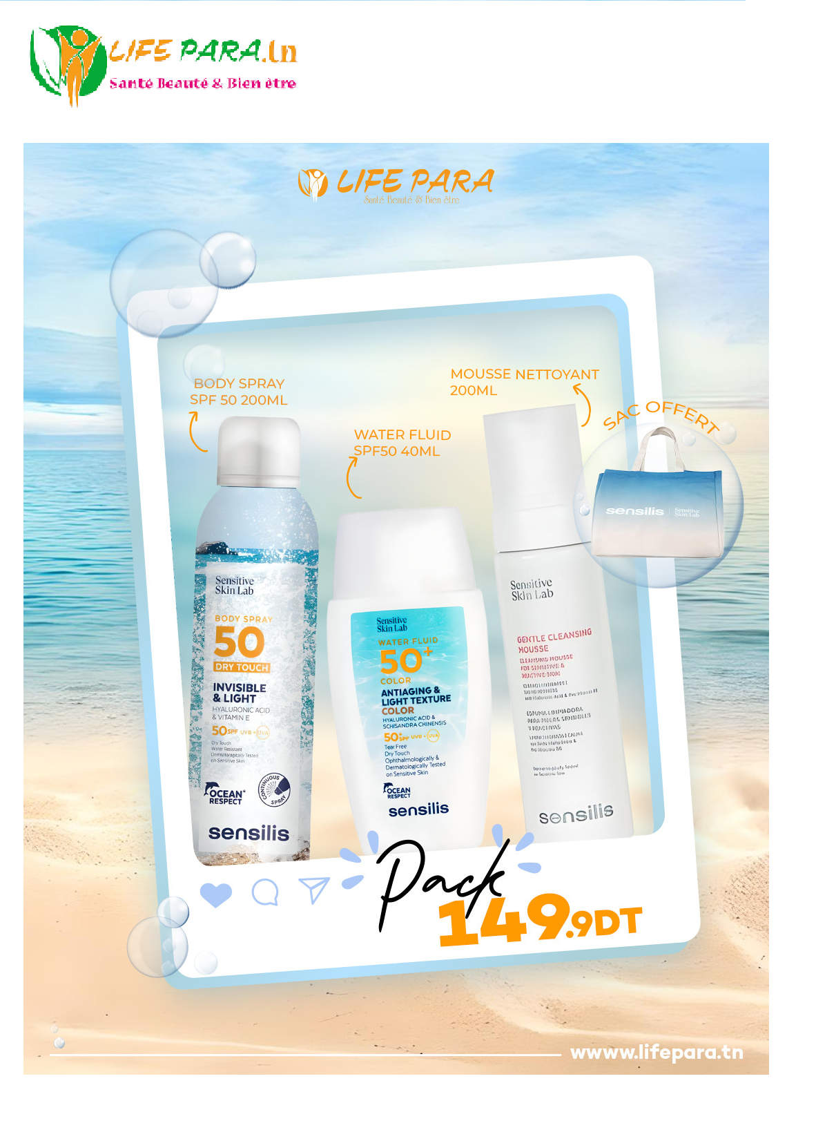 Sans titre Pack Sensilis Water Feluid SPF50+Body Spray SPF50+Mousse Nettoyant+Sac offert – Image 1