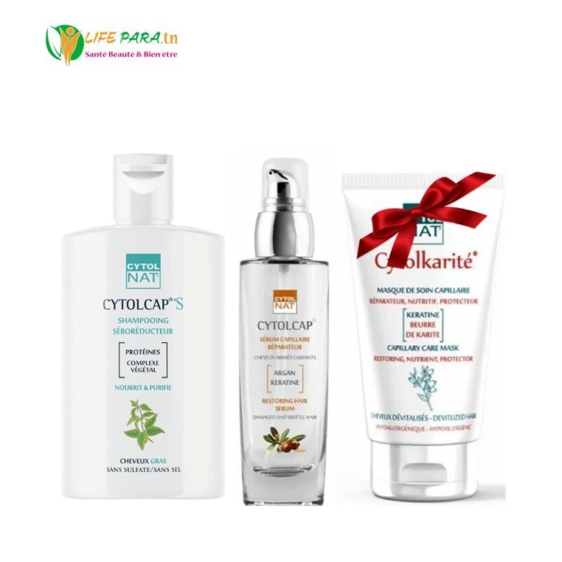 CYTOLNAT Pack Capillaire sébo réducteur CYTOLCAP S Shampoing séboréducteur 200 ml + CYTOLCAP Sérum 50 ml+ CYTOLKARITE Masque Réparateur 150 ml (offert)