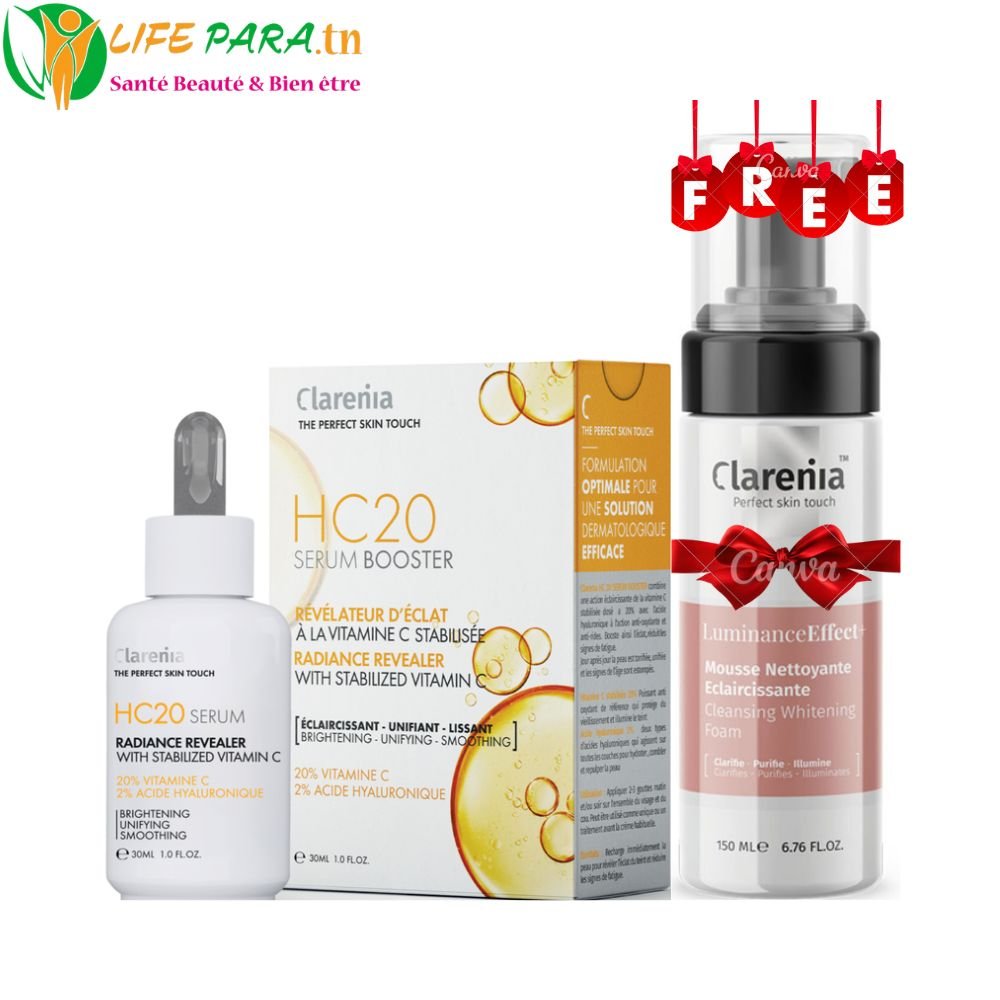 Clarenia Pack Éclaircissant – HC20 Sérum Booster 30 ml + Mousse Nettoyante Éclaircissante 150 ml (Offerte)